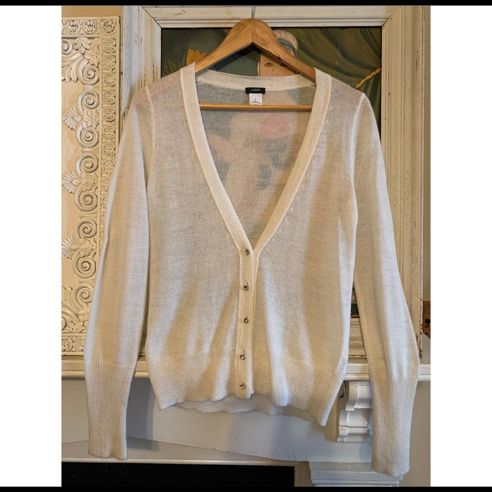 J Crew Alpaca Merino Wool Feminine Crystal Button Cardigan Button Up Cream